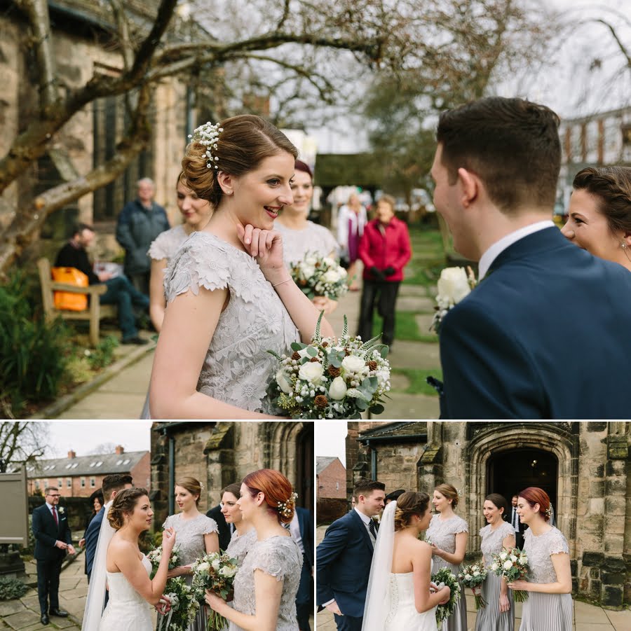 guests mingling outside cheshire church wedding