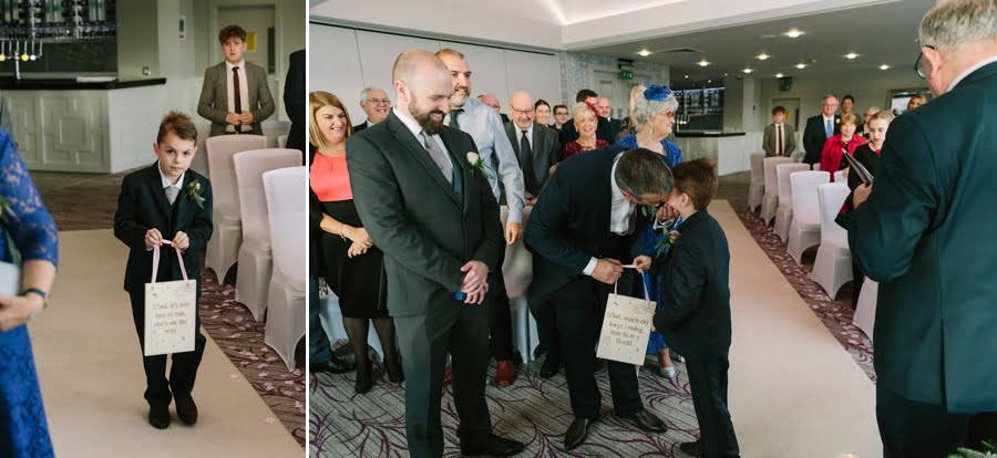 pageboy walking down the aisle at Quay hotel and spa wedding