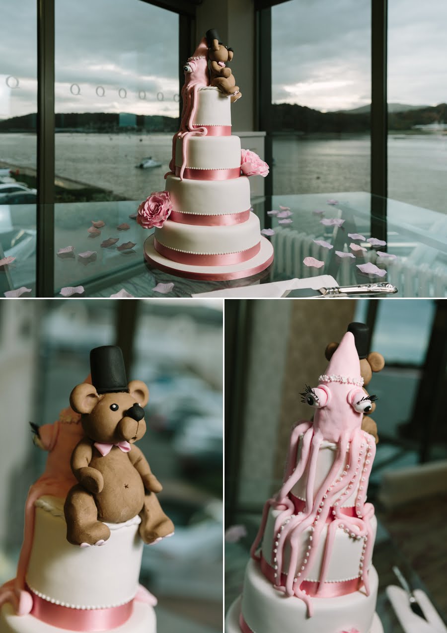 wedding cake with view of Conwy Estuary at Quay hotel and spa wedding