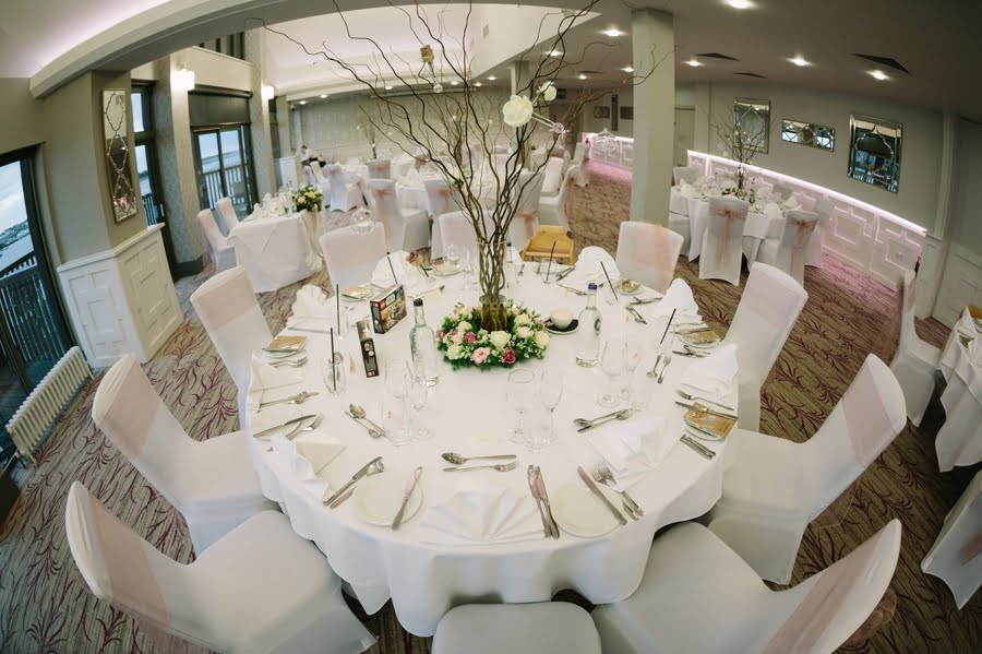 wide angle view of table decor at Quay hotel and spa wedding