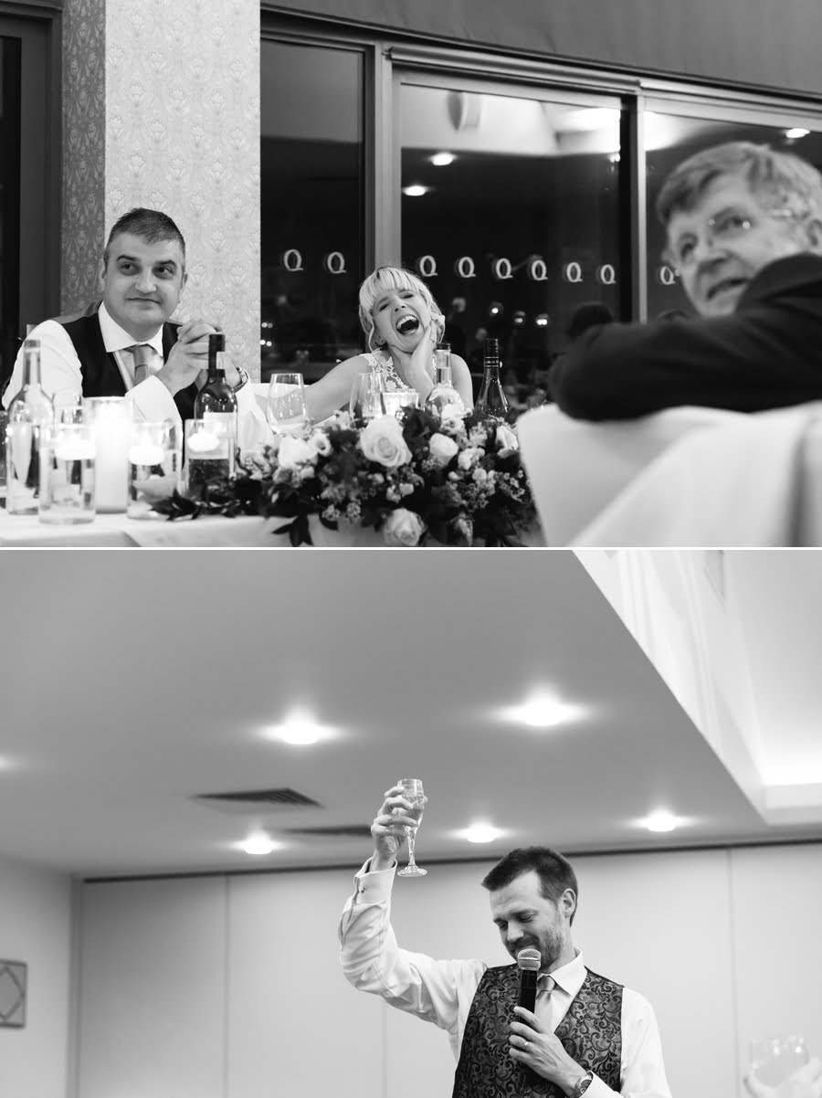 bride laughing during speeches at Quay hotel and spa wedding