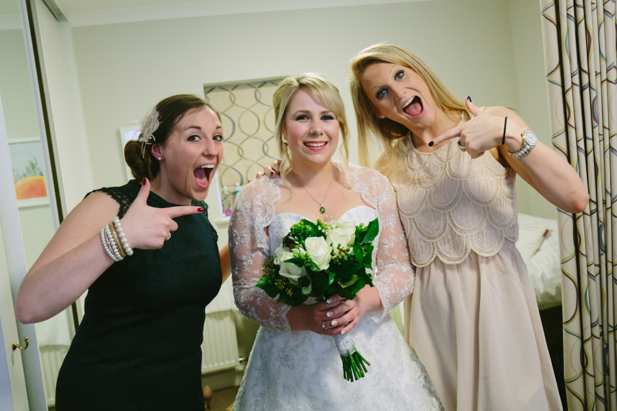 bride and friends laughing