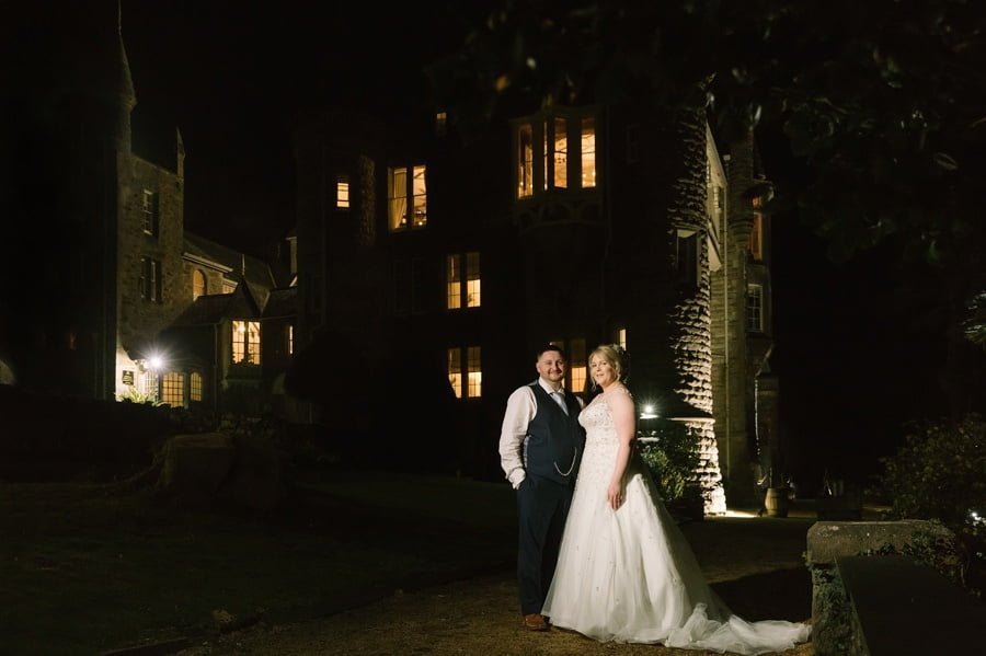 after dark bride and groom portraits at Chateau Rhianfa wedding